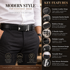 A man wearing a black leather belt with a silver-toned geometric buckle, paired with dark trousers and a white shirt. The right side of the image features a feature list titled 'KEY FEATURES' with icons and text describing the belt's leather strap, ratchet buckle, holeless design, multiple lengths, modern statement design, and versatile wear.