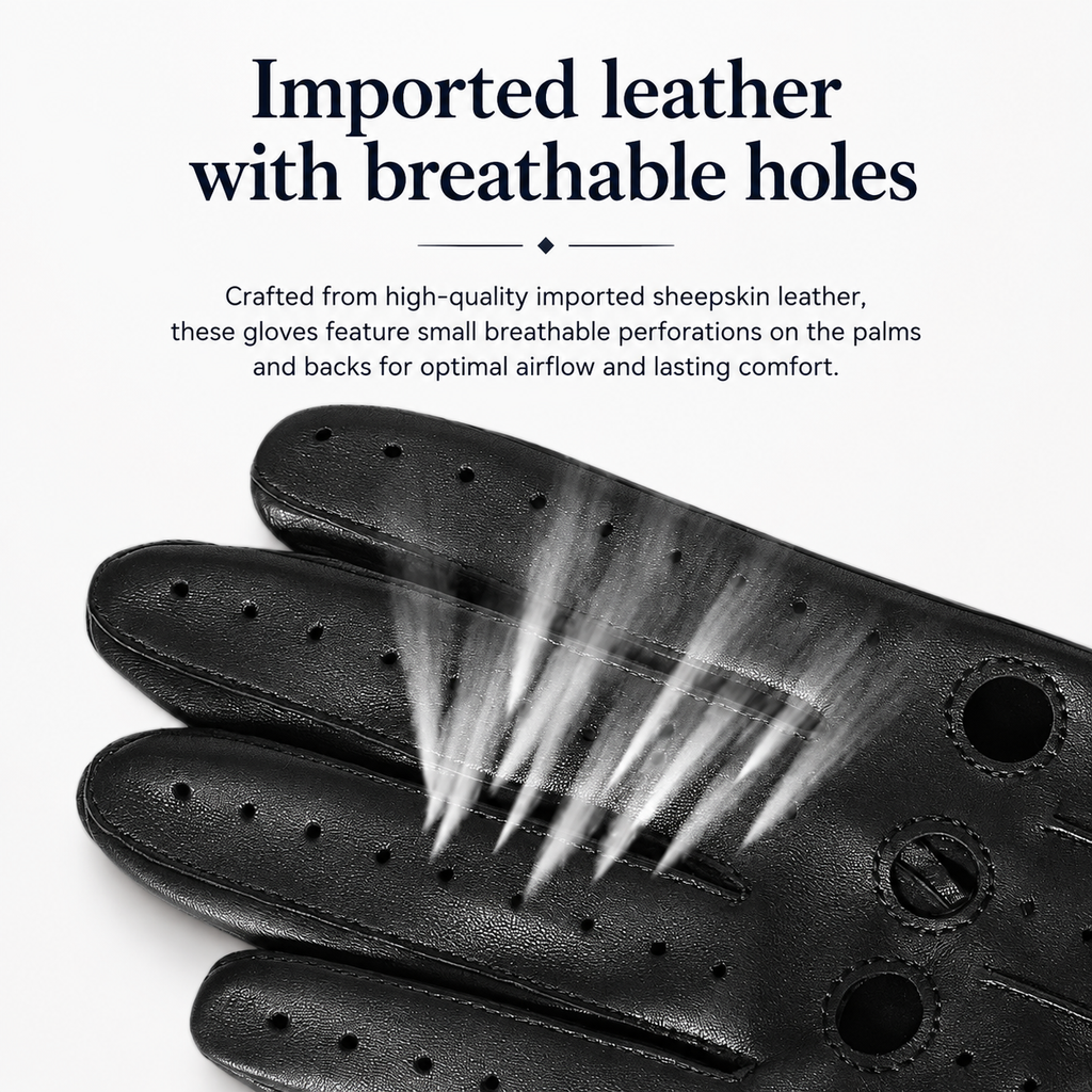 Black leather glove with breathable holes, shown on a white background with promotional text about imported leather and airflow.