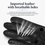 Black leather glove with breathable holes, shown on a white background with promotional text about imported leather and airflow.