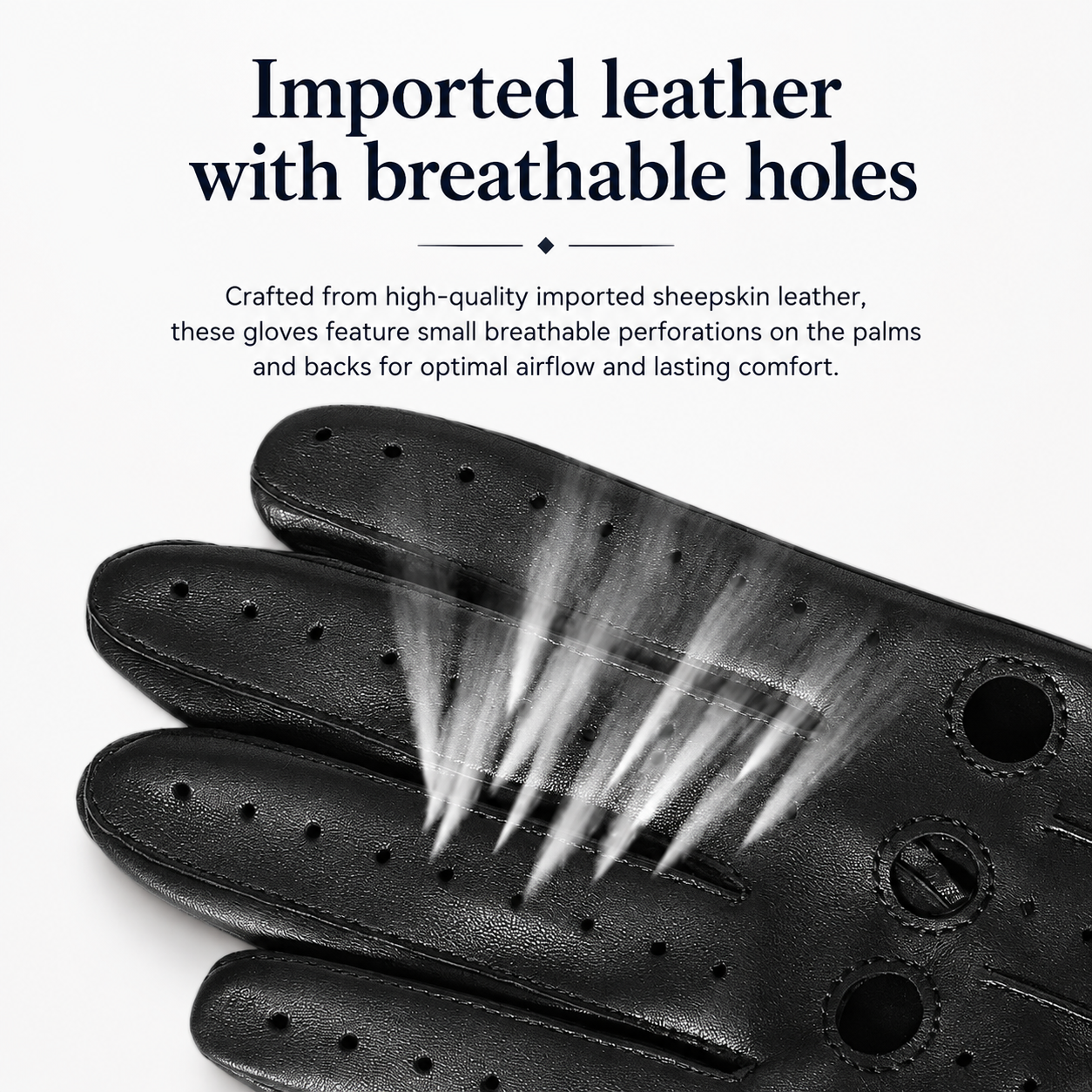 Black leather glove with breathable holes, shown on a white background with promotional text about imported leather and airflow.