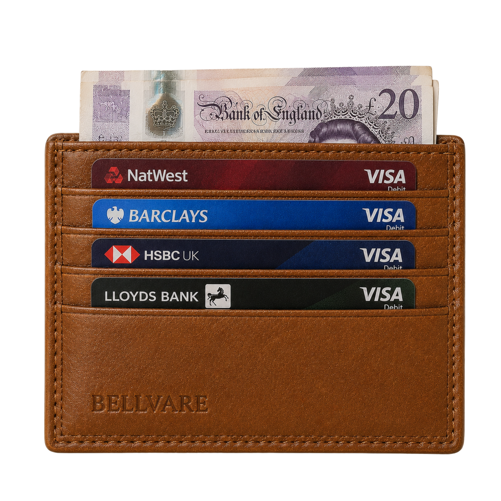 Brown leather wallet with cards and a 20 pound note