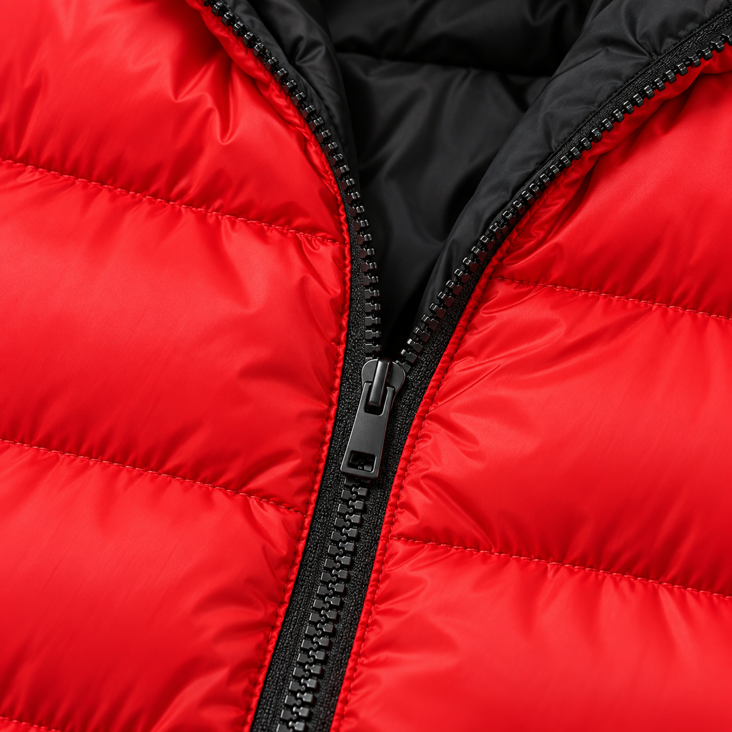 Red - Close-up of a bright red puffer jacket with black zipper trim and a black inner lining.