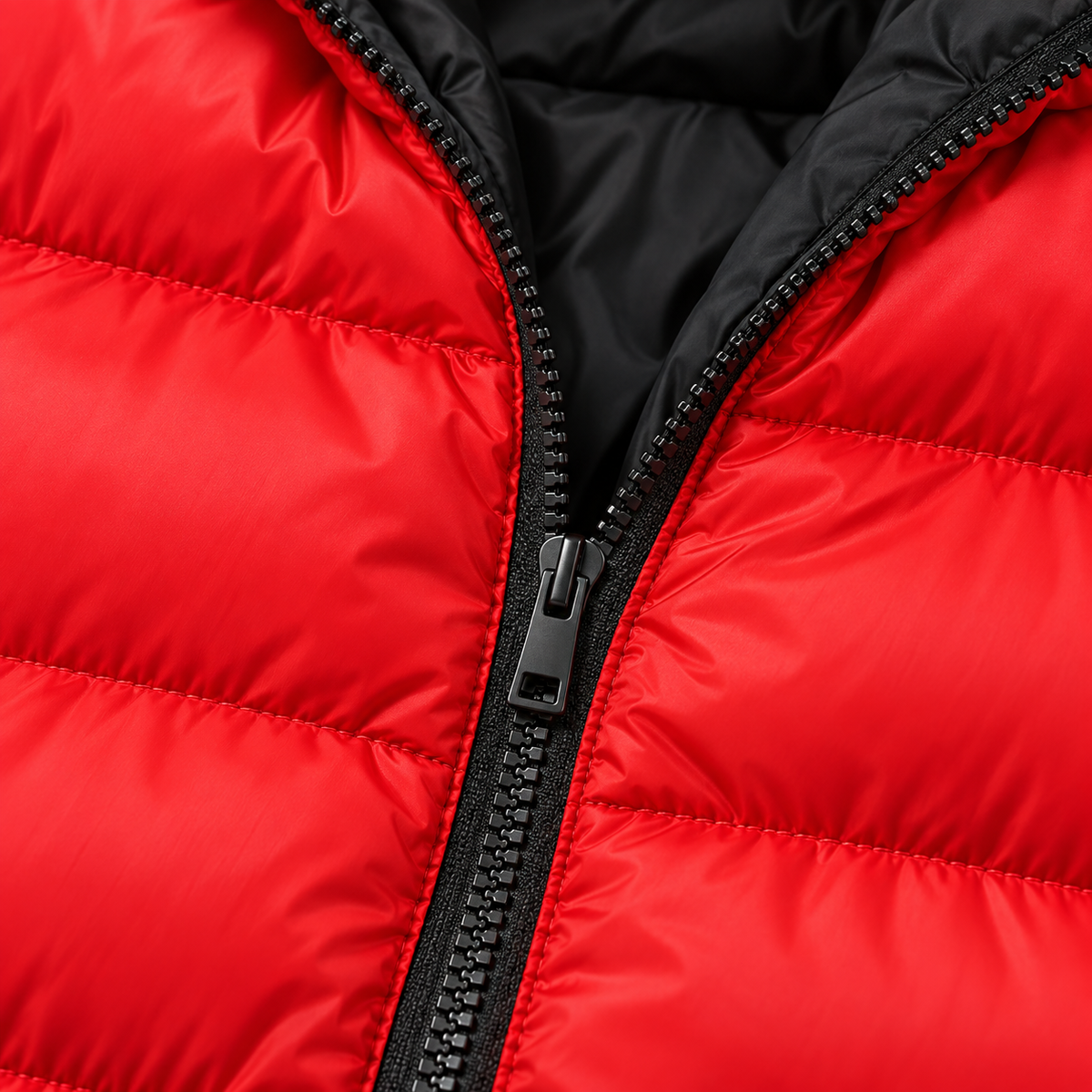 Red - Close-up of a bright red puffer jacket with black zipper trim and a black inner lining.