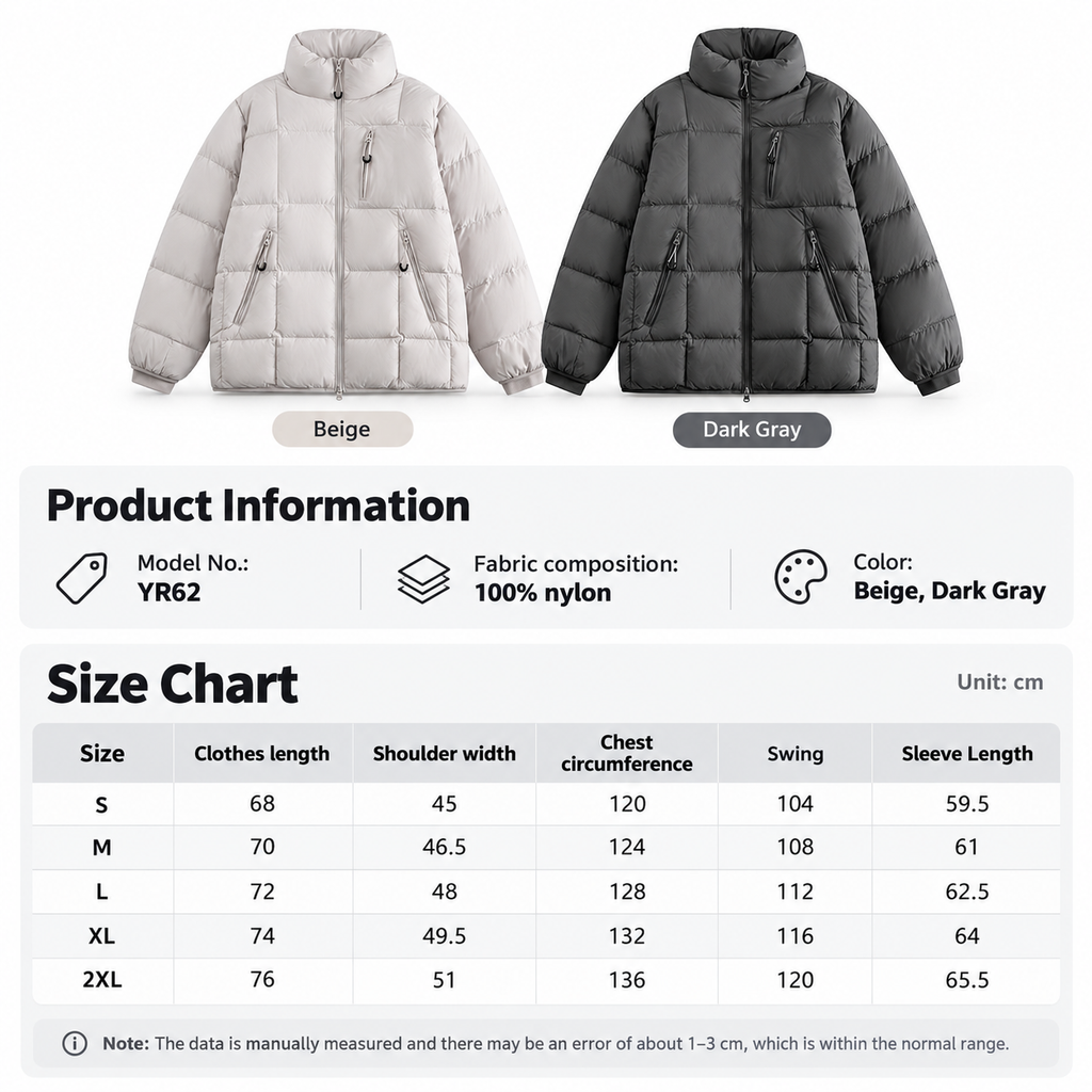 Shared - A product information and size chart graphic for a puffer jacket. The top shows two jackets side by side: one in light beige labeled 'Beige' and one in dark gray labeled 'Dark Gray'.