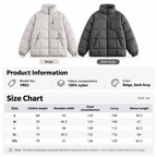 Shared - A product information and size chart graphic for a puffer jacket. The top shows two jackets side by side: one in light beige labeled 'Beige' and one in dark gray labeled 'Dark Gray'.