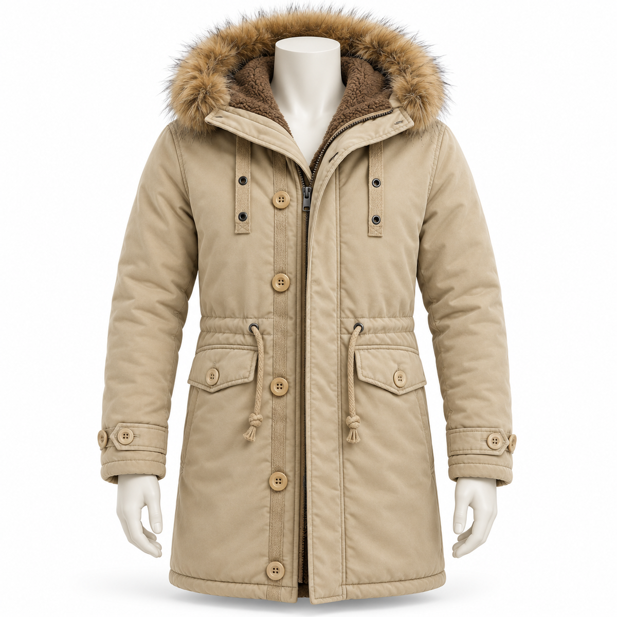 Khaki - A beige hooded parka jacket with a brown faux-fur trimmed hood and brown faux-fur lining, displayed on a white mannequin against a white background.