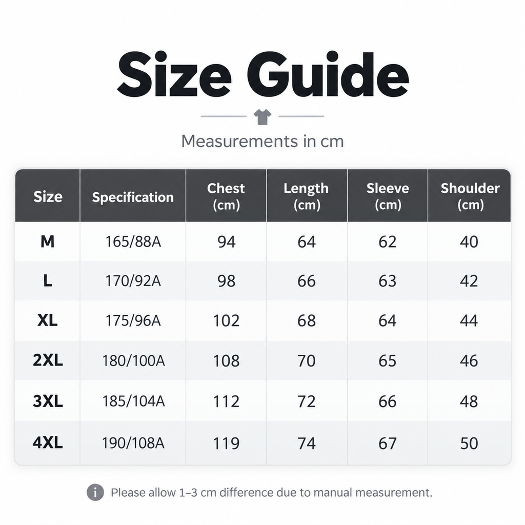 Shared - A size guide chart showing measurements in centimeters for sizes M, L, XL, 2XL, 3XL, and 4XL, with chest, length, sleeve, and shoulder columns on a white background.