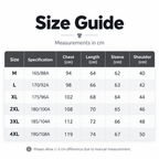 Shared - A size guide chart showing measurements in centimeters for sizes M, L, XL, 2XL, 3XL, and 4XL, with chest, length, sleeve, and shoulder columns on a white background.