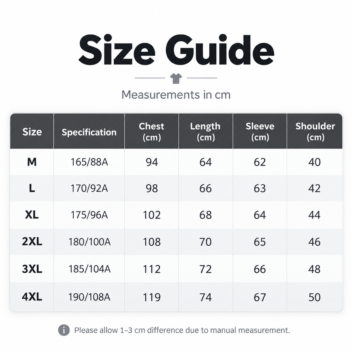 Shared - A size guide chart showing measurements in centimeters for sizes M, L, XL, 2XL, 3XL, and 4XL, with chest, length, sleeve, and shoulder columns on a white background.