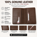 Brown leather wallet with features highlighted on a white background