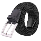 Black woven belt with a silver buckle on a white background