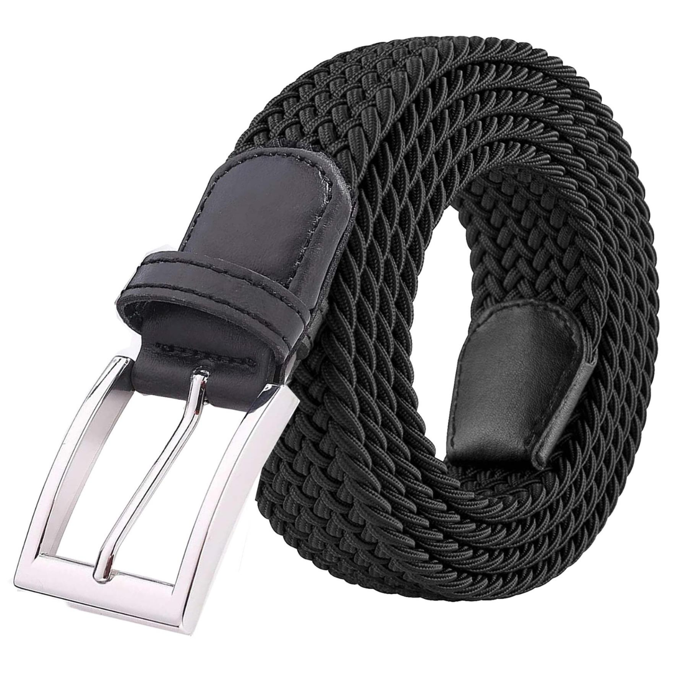 Black woven belt with a silver buckle on a white background