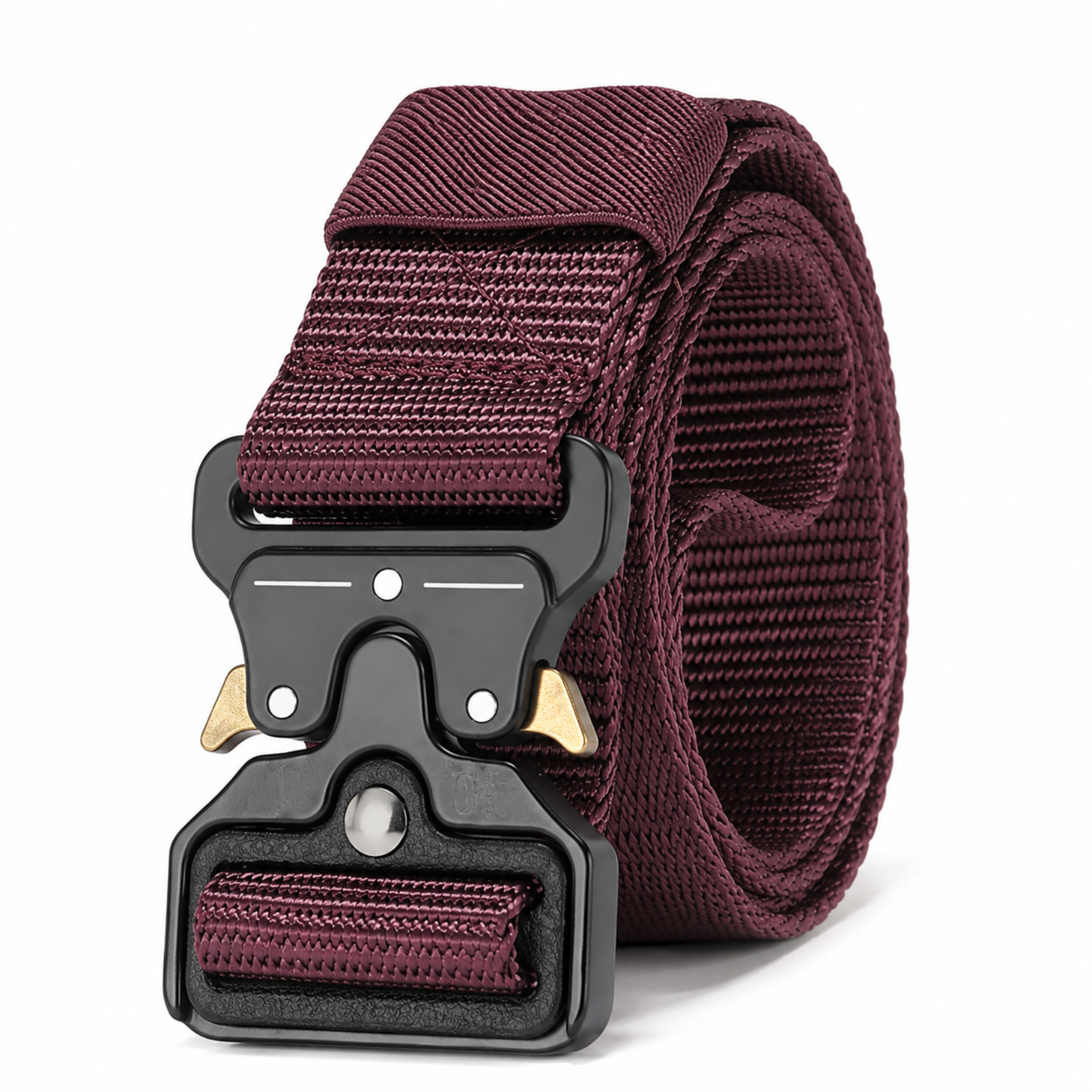 Maroon belt with a black buckle on a white background