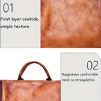 A split informational product image showing a brown leather bag with two text callouts. The top panel shows a close-up of the leather texture labeled '01 First layer cowhide, simple texture.
