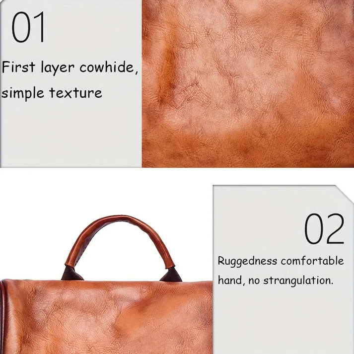 A split informational product image showing a brown leather bag with two text callouts. The top panel shows a close-up of the leather texture labeled '01 First layer cowhide, simple texture.