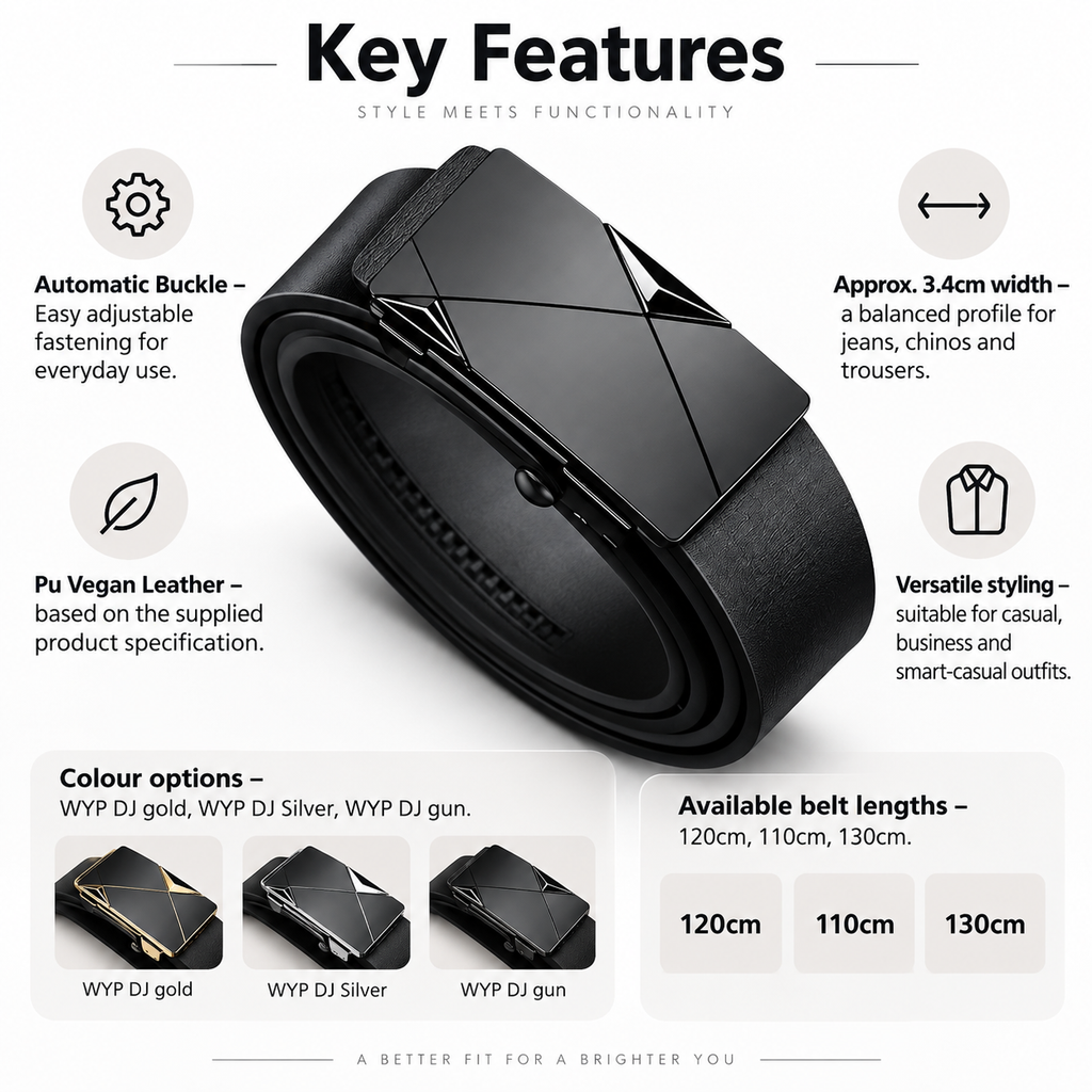 A promotional infographic for a black PU vegan leather belt, highlighting key features such as an automatic buckle, adjustable width, and vegan leather material. The image includes color options (WYP DJ gold, silver, and gun) and available belt lengths (120cm, 110cm, 130cm) with corresponding product images.