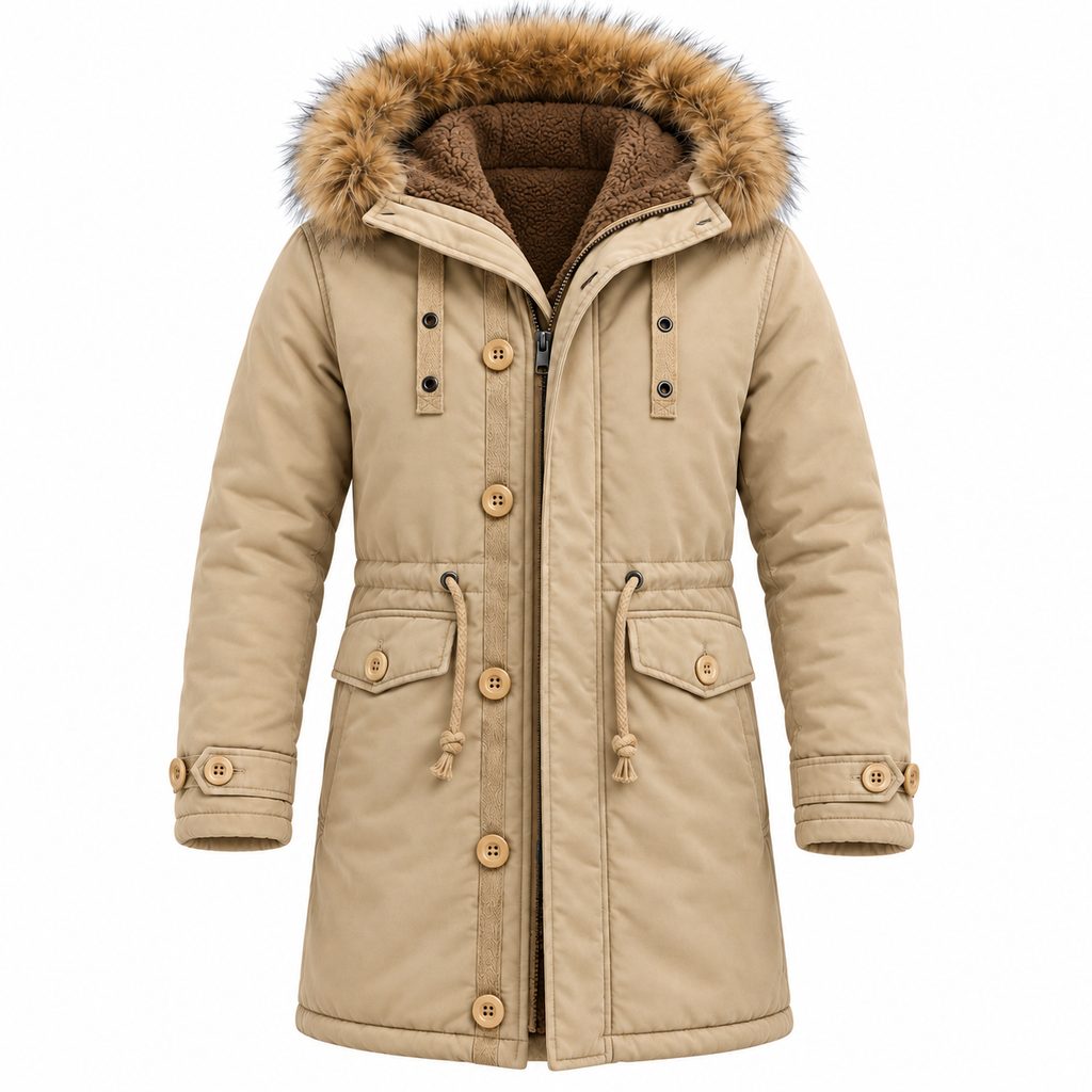 Khaki - A beige winter parka coat with a brown faux-fur trimmed hood, brown fleece lining, and wooden-style snap buttons, shown on a plain white background.