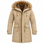 Khaki - A beige winter parka coat with a brown faux-fur trimmed hood, brown fleece lining, and wooden-style snap buttons, shown on a plain white background.