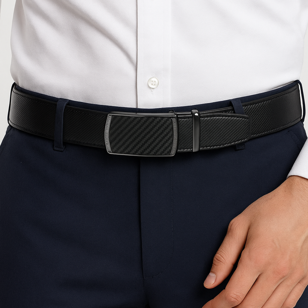 Bellvare Men's Ratchet Belt – Leather Automatic Buckle Belt, Cut-to-Fit Adjustable Black