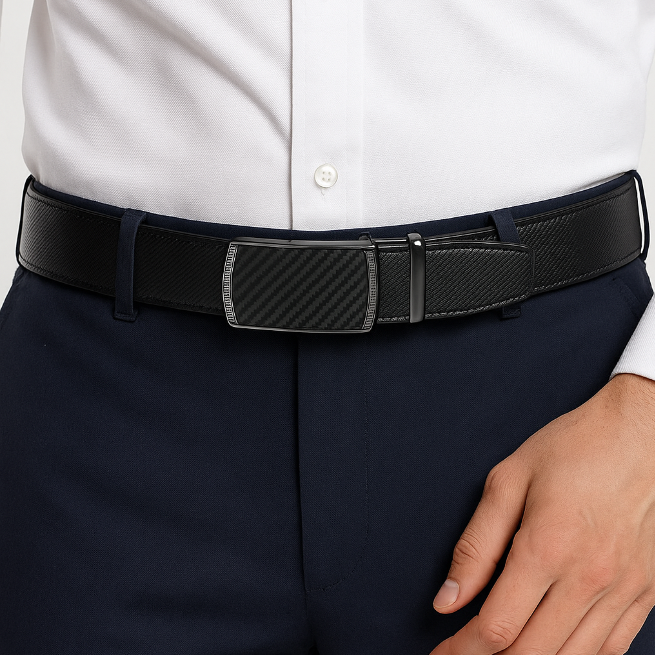 Bellvare Men's Ratchet Belt – Leather Automatic Buckle Belt, Cut-to-Fit Adjustable Black
