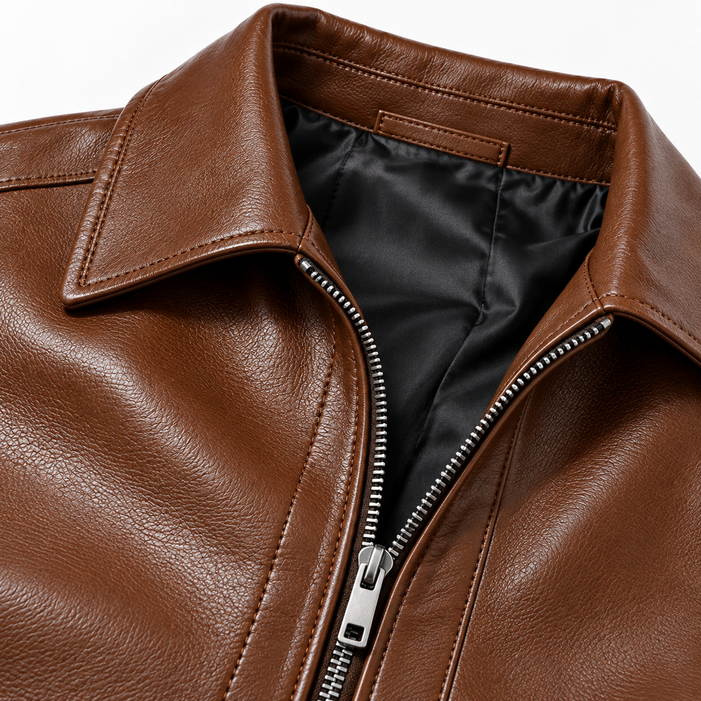 Brown - Close-up of a brown leather jacket with a silver zipper and black satin lining, showing the collar and front closure details.