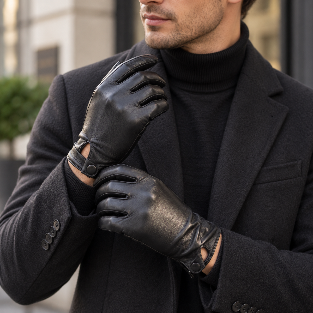 A man wearing black leather gloves with cutout details over a black turtleneck sweater and dark gray wool coat, photographed outdoors in an urban setting.