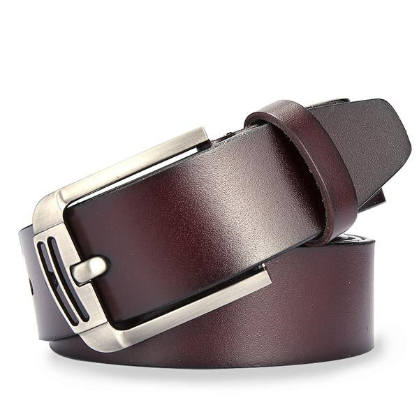 Brown leather belt with a silver buckle on a white background