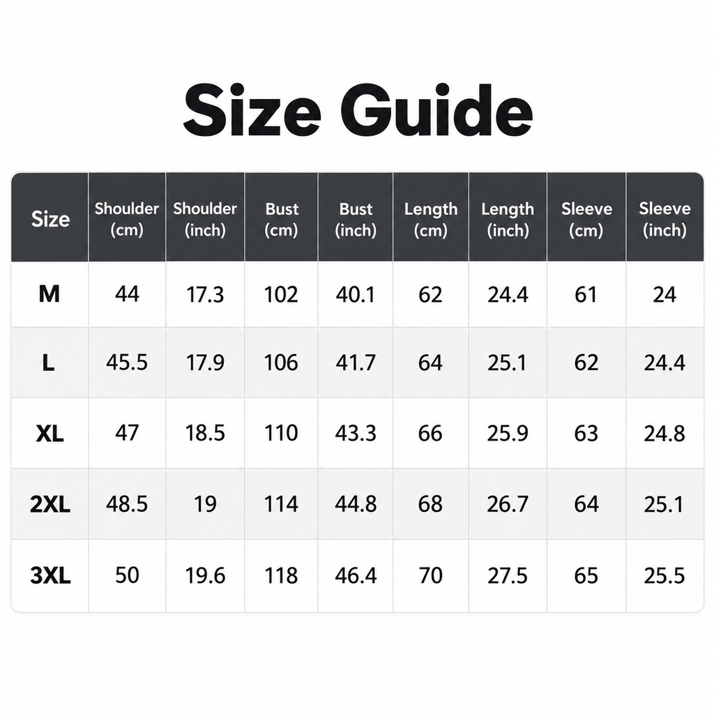 Shared - A size guide chart with a size table showing measurements in centimeters and inches for M, L, XL, 2XL, and 3XL sizes.
