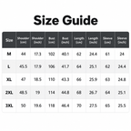 Shared - A size guide chart with a size table showing measurements in centimeters and inches for M, L, XL, 2XL, and 3XL sizes.
