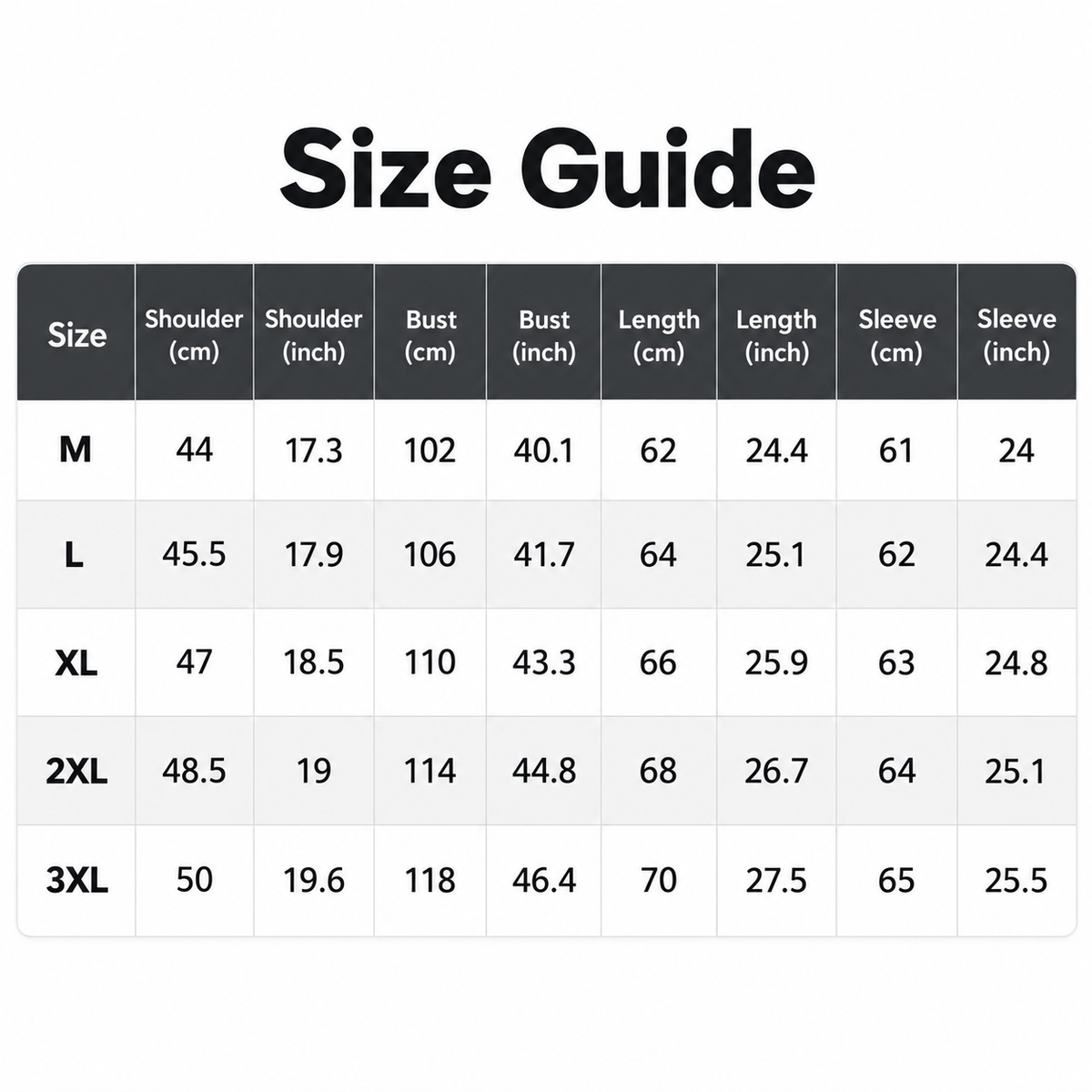 Shared - A size guide chart with a size table showing measurements in centimeters and inches for M, L, XL, 2XL, and 3XL sizes.