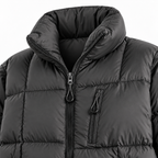 Dark Gray - Close-up of a black puffer jacket with a high padded collar, front zipper, and a vertical zippered chest pocket, shown on a plain light gray background.