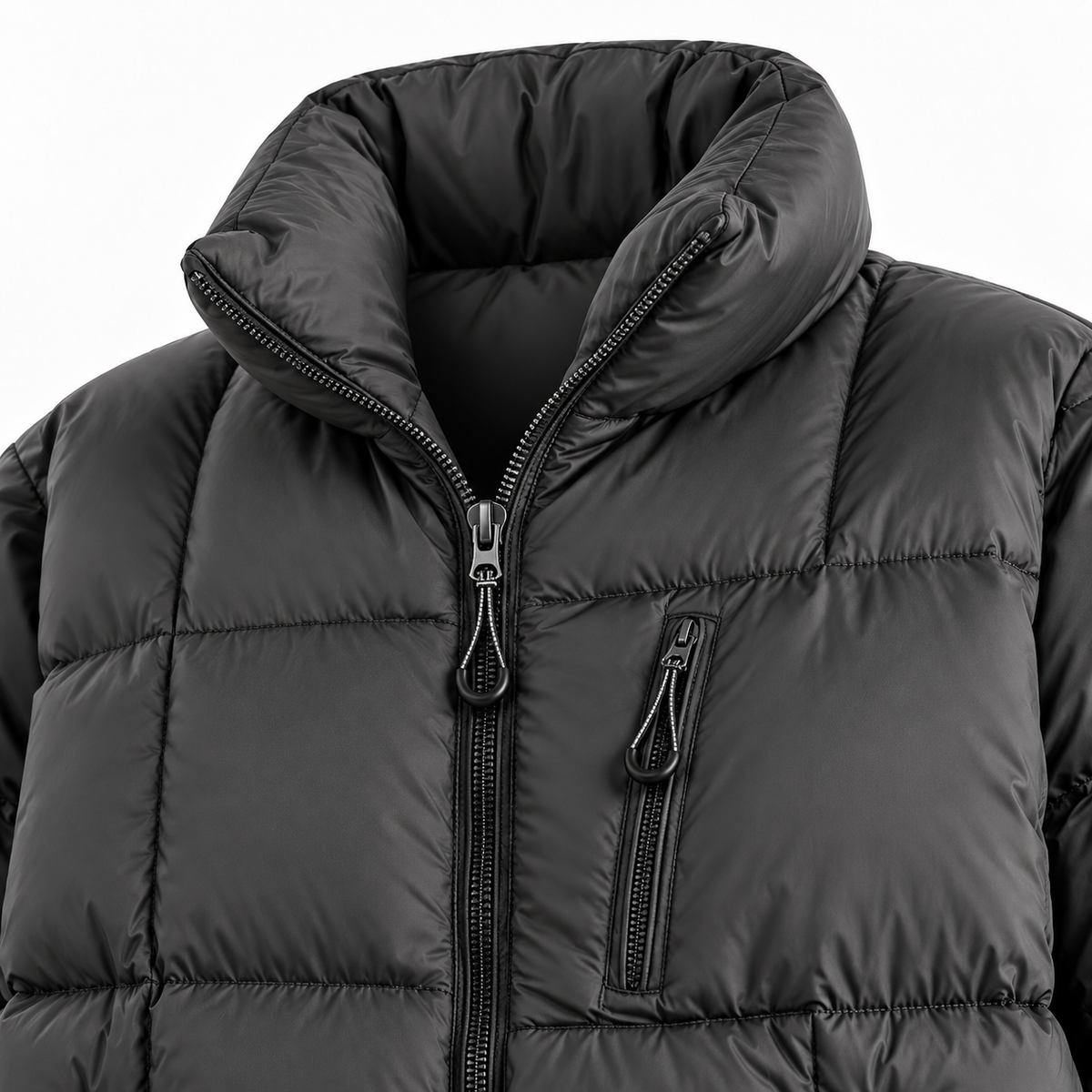 Dark Gray - Close-up of a black puffer jacket with a high padded collar, front zipper, and a vertical zippered chest pocket, shown on a plain light gray background.