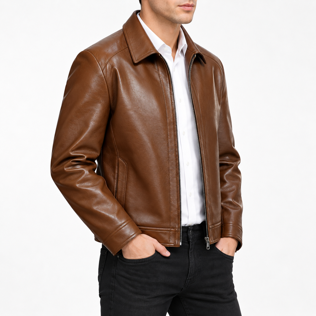 Brown - A man wearing a brown leather jacket over a white collared shirt and black jeans, shown from the waist up against a plain light gray studio background.