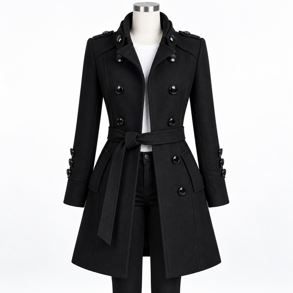 Black - A black double-breasted trench coat with a matching waist tie belt, displayed on a mannequin torso against a plain white background.