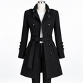 Black - A black double-breasted trench coat with a matching waist tie belt, displayed on a mannequin torso against a plain white background.