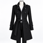 Black - A black double-breasted trench coat with a matching waist tie belt, displayed on a mannequin torso against a plain white background.