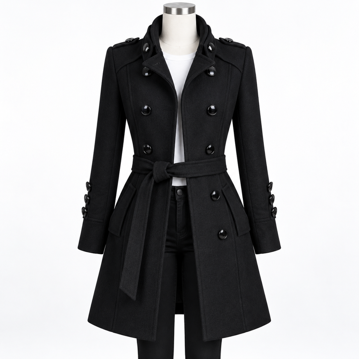 Black - A black double-breasted trench coat with a matching waist tie belt, displayed on a mannequin torso against a plain white background.