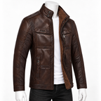 Brown -  A dark brown faux leather jacket with a brown sherpa lining, displayed on a white mannequin torso wearing a white t-shirt and black jeans against a white background.