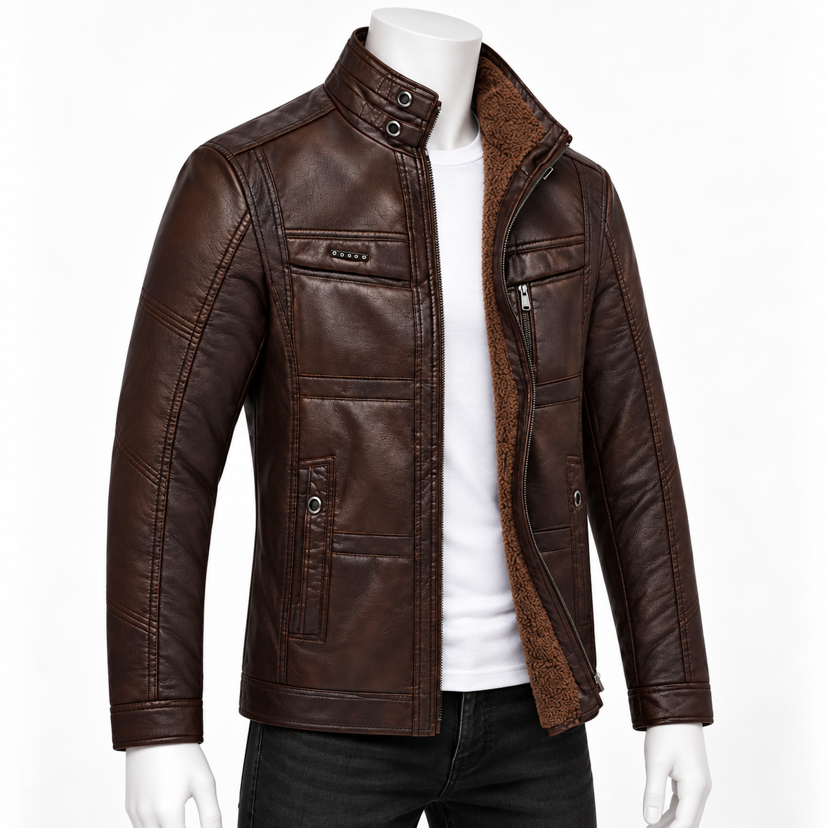 Brown -  A dark brown faux leather jacket with a brown sherpa lining, displayed on a white mannequin torso wearing a white t-shirt and black jeans against a white background.