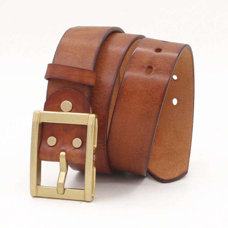 Brown leather belt with a gold buckle on a white background