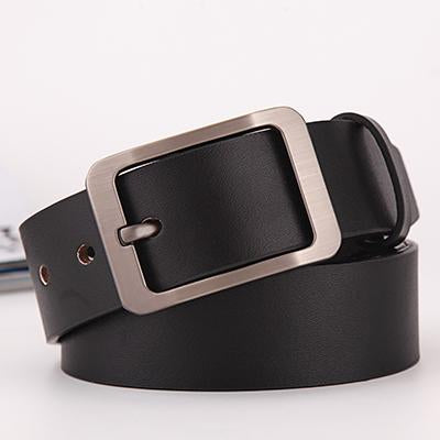 Black leather belt with a silver buckle on a white background