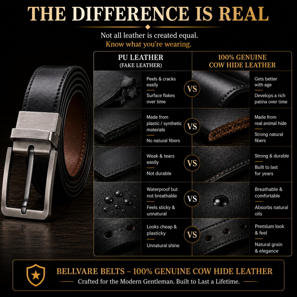 Bellvare Mens Genuine Leather Reversible Belt Black Brown Rotating Buckle