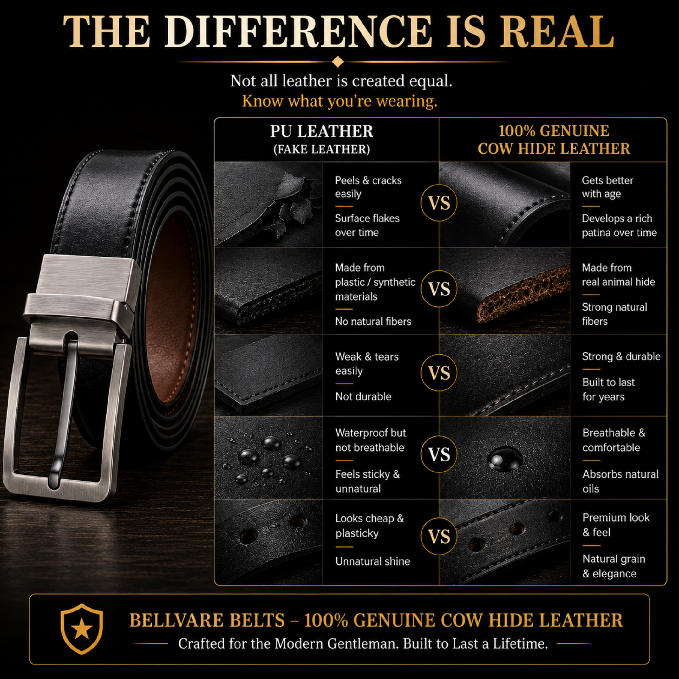 Bellvare Mens Genuine Leather Reversible Belt Black Brown Rotating Buckle