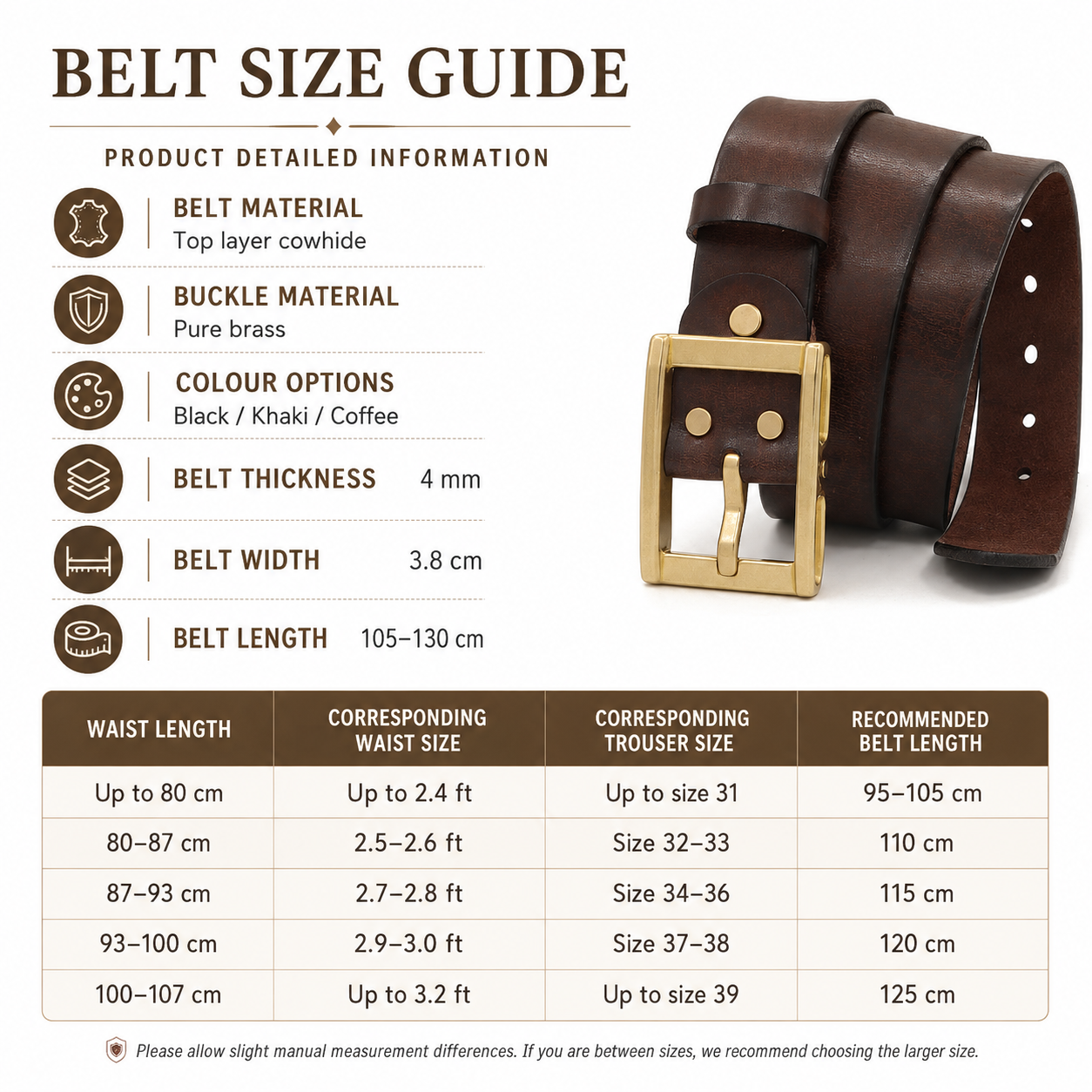 A belt size guide infographic showing a brown leather belt with a gold buckle on a white background, alongside product details like material, buckle, color options, thickness, width, and length. A measurement chart table is displayed at the bottom.