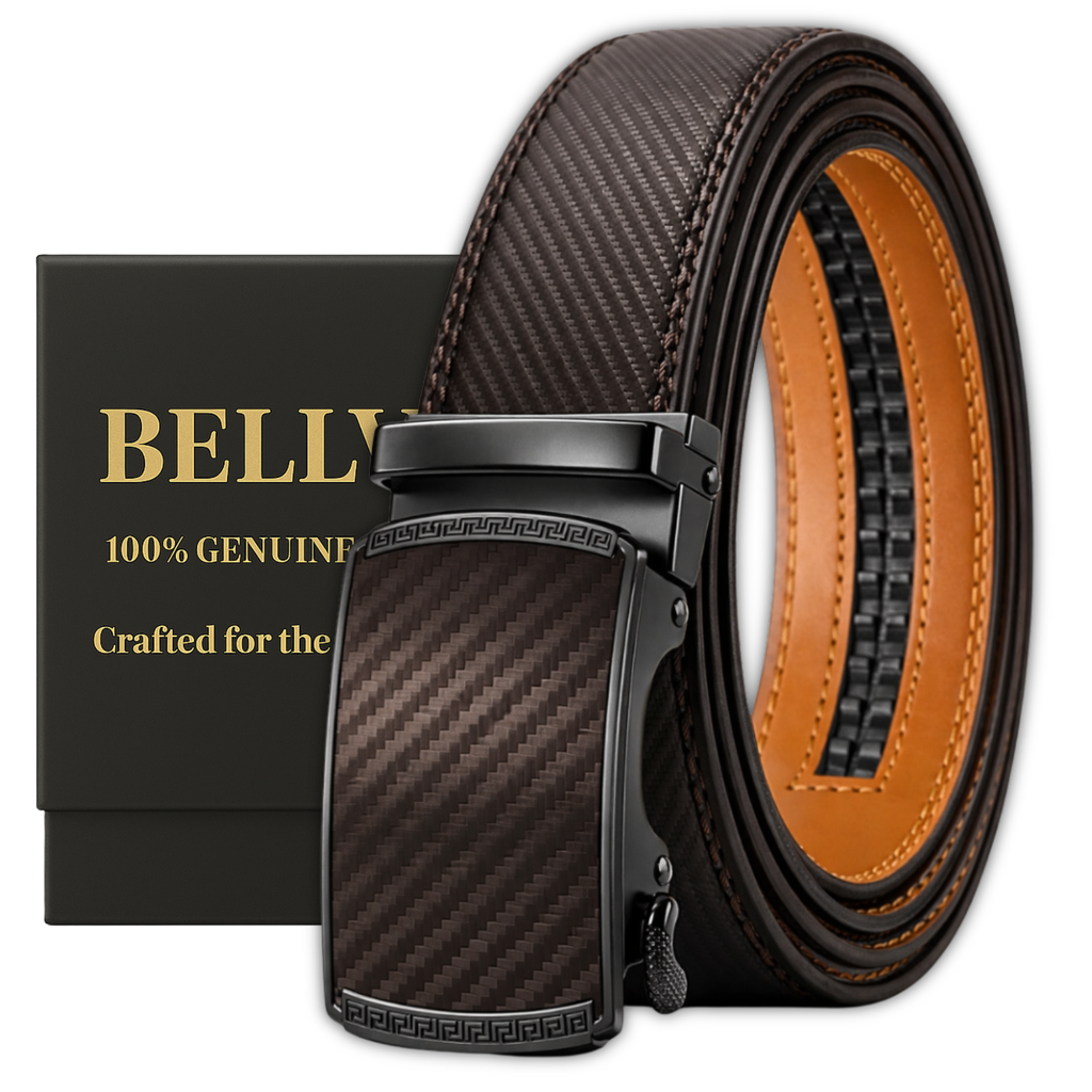 Bellvare Men's Ratchet Belt – Leather Automatic Buckle Belt, Cut-to-Fit Adjustable Brown