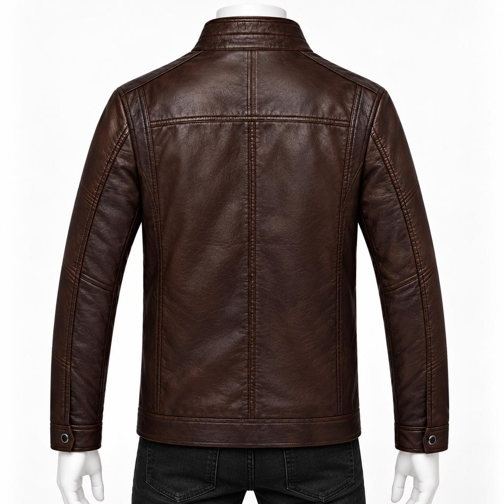 Brown -  A dark brown faux leather jacket shown from the back on a white mannequin, featuring a high collar, vertical center seam, and sleeve button cuffs.