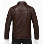 Brown -  A dark brown faux leather jacket shown from the back on a white mannequin, featuring a high collar, vertical center seam, and sleeve button cuffs.