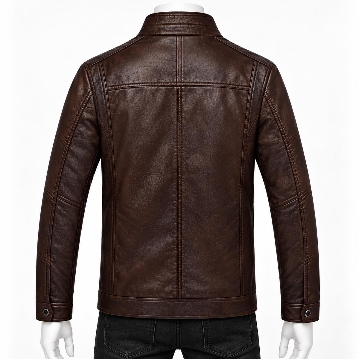 Brown -  A dark brown faux leather jacket shown from the back on a white mannequin, featuring a high collar, vertical center seam, and sleeve button cuffs.