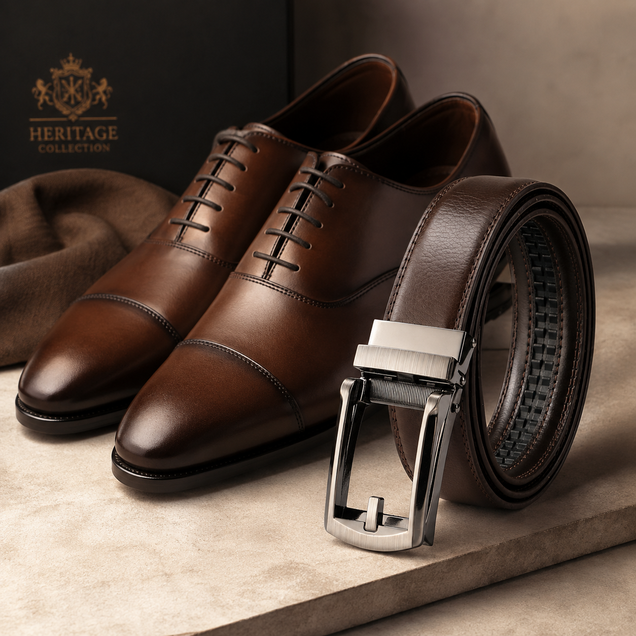 A pair of dark brown leather dress shoes with a matching rolled belt and silver buckle, displayed on a stone surface with a branded Heritage Collection box in the background.