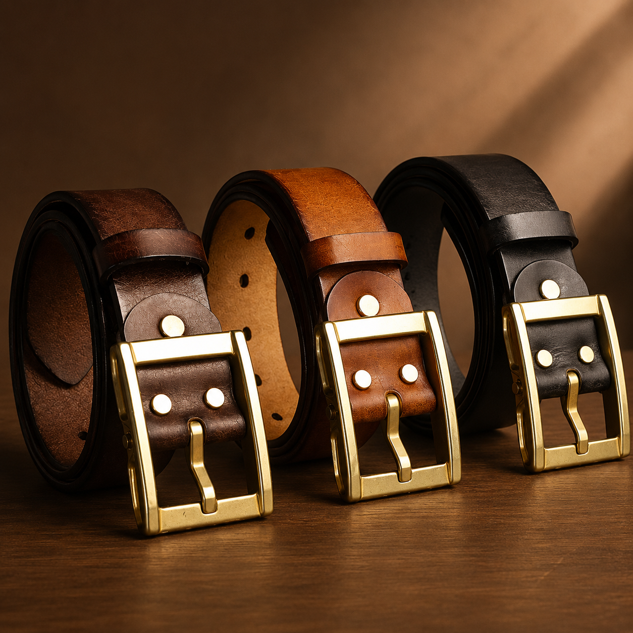 Three leather belts in brown, tan, and black, each coiled and displayed with a gold-tone metal buckle on a wooden surface against a warm brown background.
